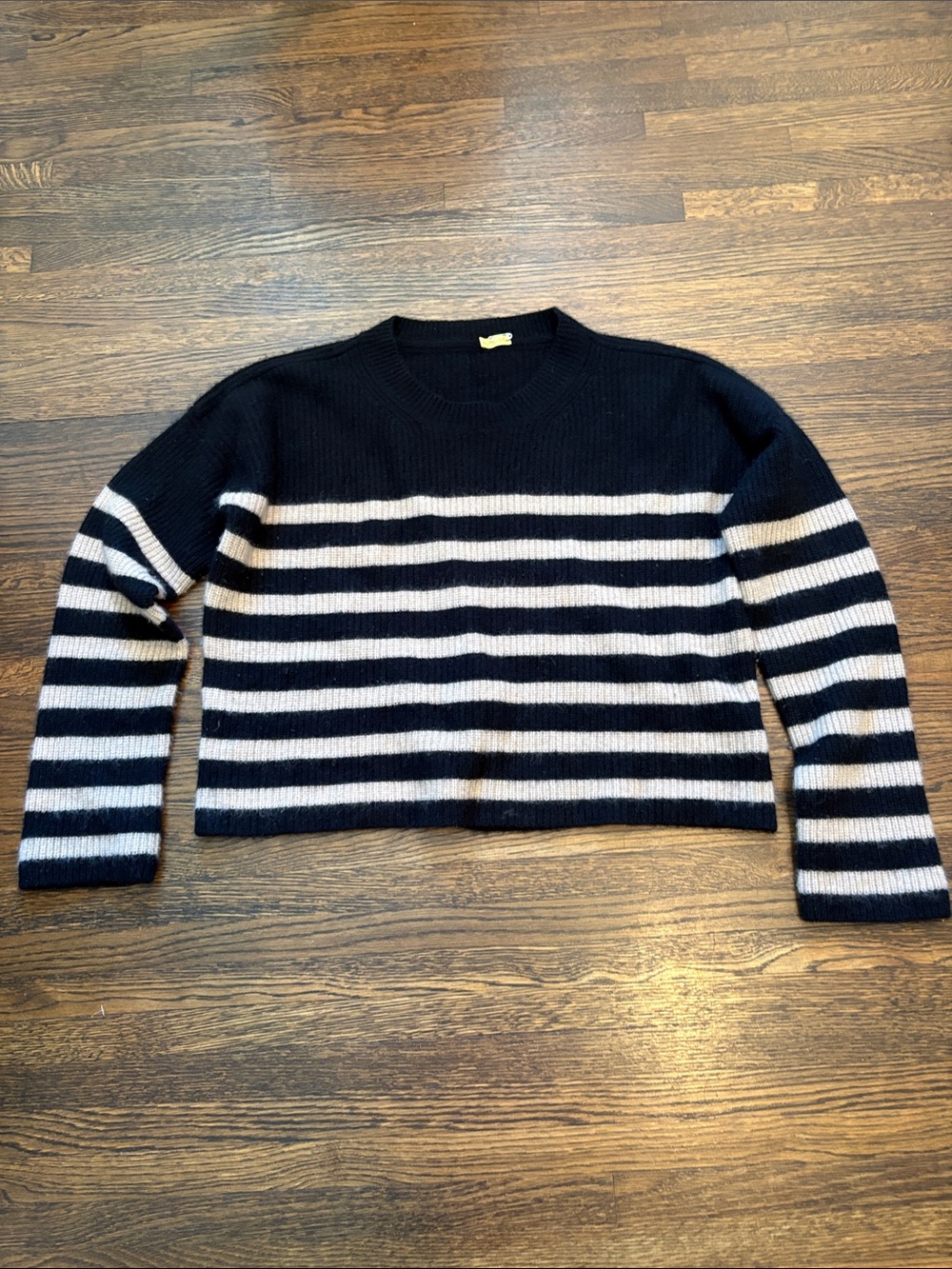 Cropped Cashmere Black & Tan Striped Crewneck  Sweater
